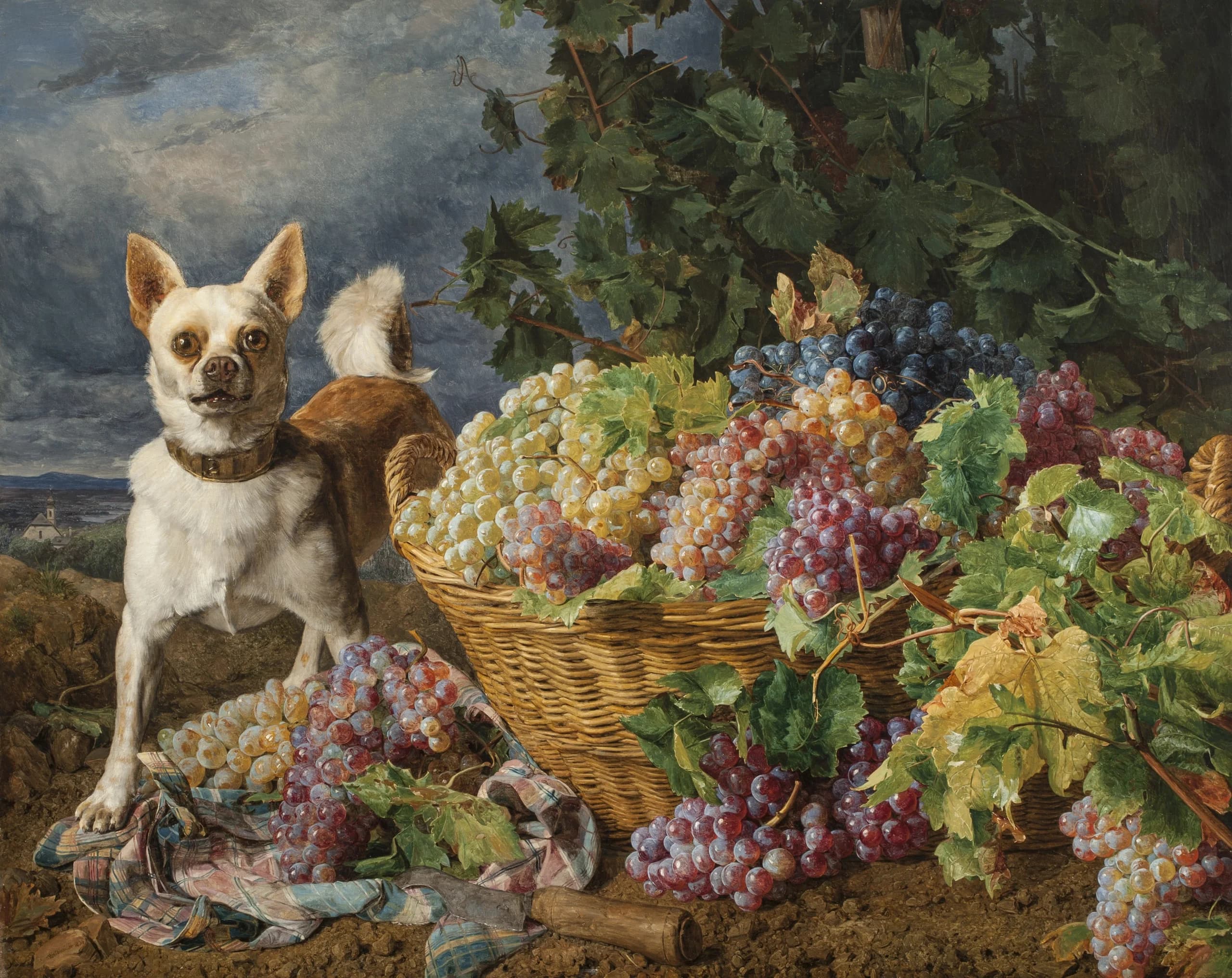 Dog Guarding a Basket of Grapes