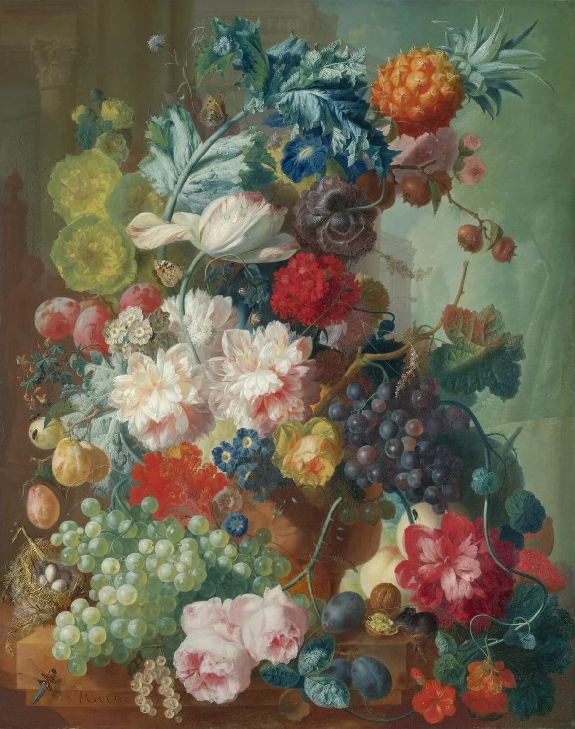 Fruit and Flowers in a Terracotta Vase